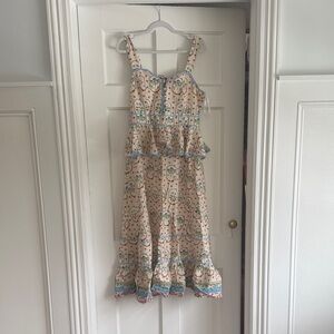 HUNTER BELL Cream Floral Midi Sundress with Blue Trim